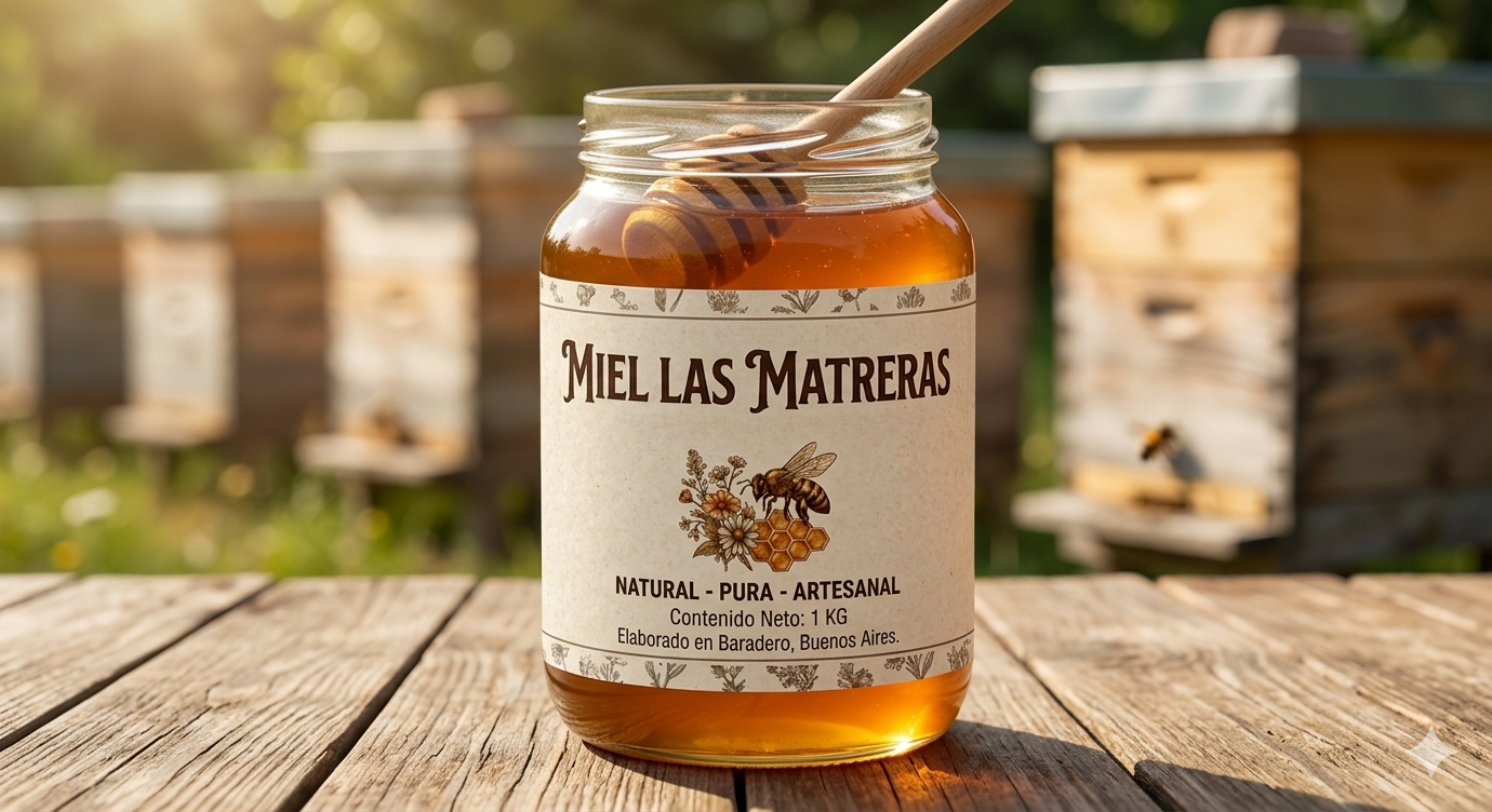 Frasco de Miel Las Matreras sobre mesa de madera con colmenas de fondo